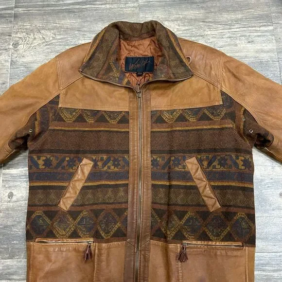 Vintage Winlit Leather Coat Wool Blend Aztec Southwest Women Size Large Brown - Picture 8 of 12